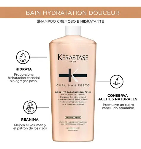 Kérastase Curl Manifesto Bain Hydratation Douceur 1000 ml Shampoo Hidratante para Cabello Rizado, Ondulado y Afro